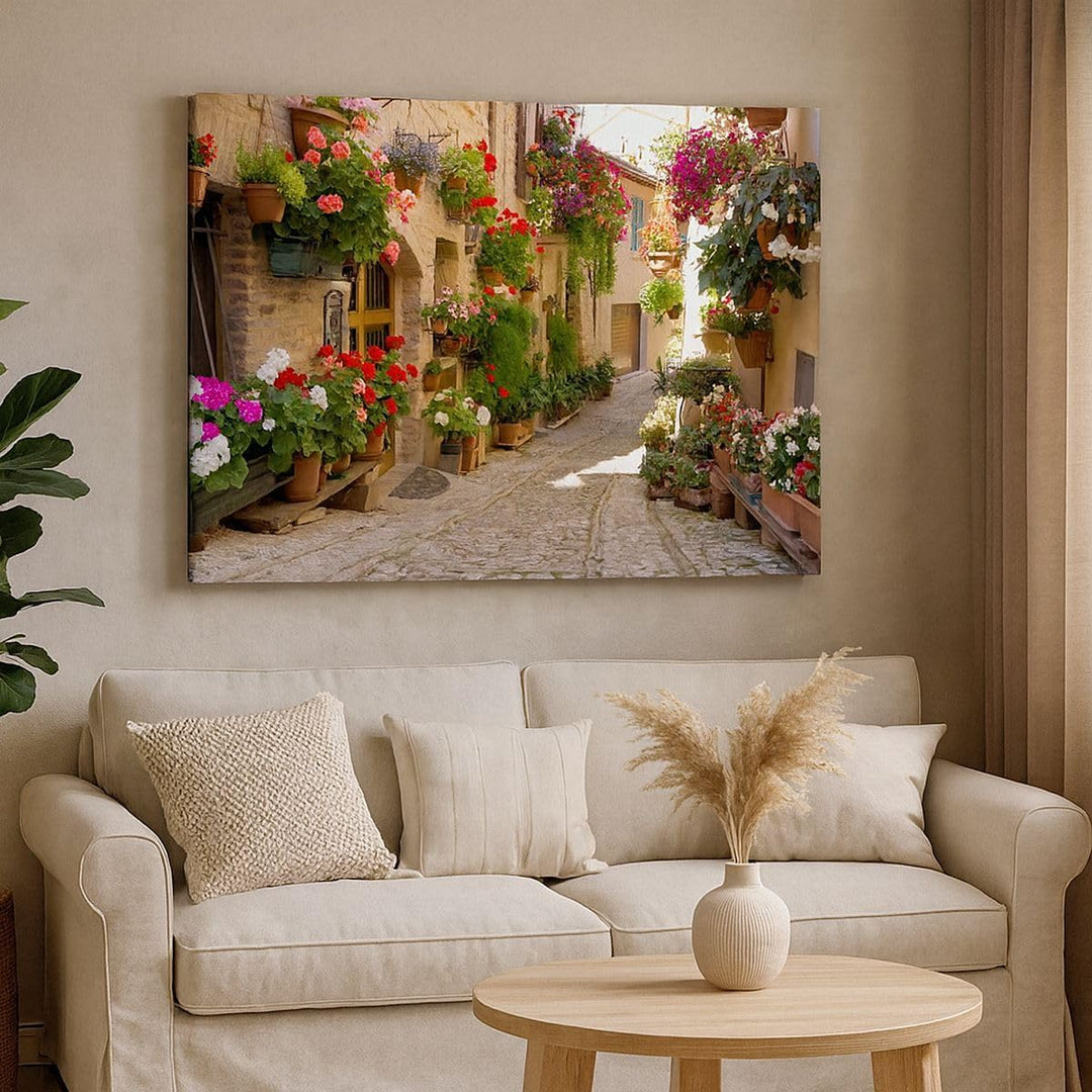 Bilder auf Leinwand Blume Strasse Haus Leinwandbild mit Rahmen 70x50cm Wandbilder Dekoration Wohnzim