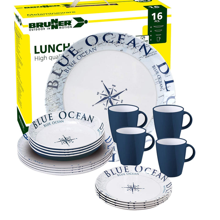 BRUNNER - Campinggeschirr Melamin Maritim (Set: 12, 16 oder 36 Teilig), 4 Personen - Blue Ocean - Ho
