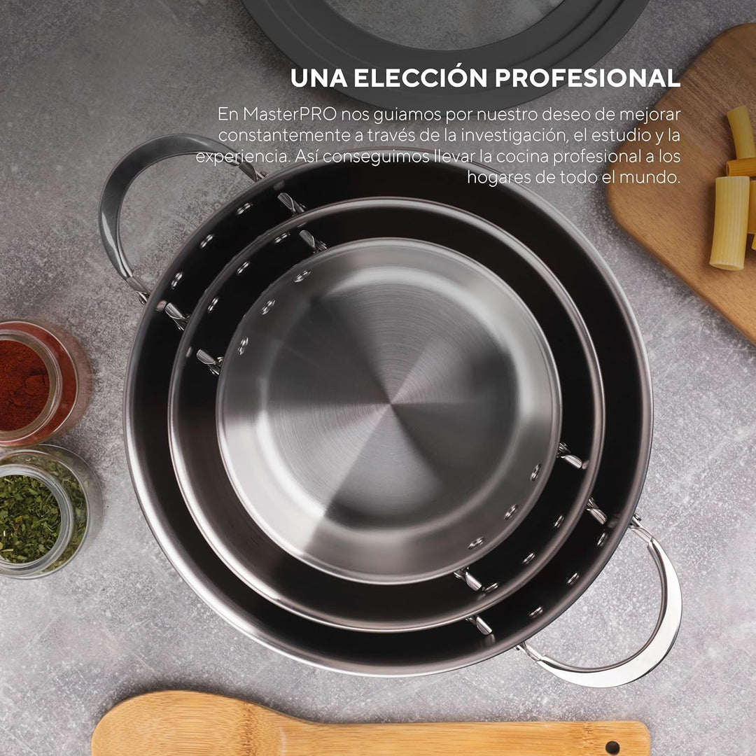 MasterPRO Foodies - Küchenbatterie - 4 -Stück -Set mit 4, 20 und 24 cm Pfannen und Glasdeckel - Herg