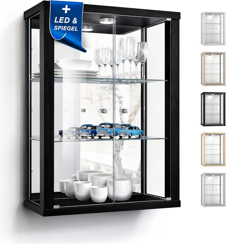 Hängevitrine in Schwarz (80x60x25 cm) mit 2 höhenverstellbaren Glasböden, Spiegel & LED - Modellauto