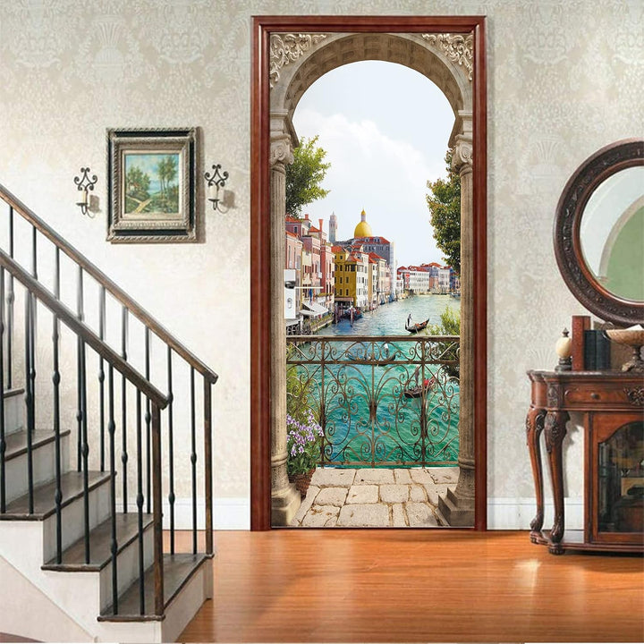 FLFK 3D Italien Flussseitenstadt Wohnzimmer Türtapete Wandbilder Selbstklebend Tür Poster Vinyl Entf