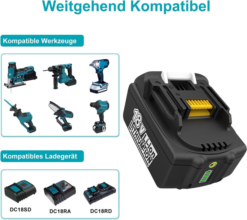 ENERGUP 2 Stück 18V 5.0Ah Ersatzakkus für Makita Akku 18V mit DC18RC Ladegerät für Makita Akku BL186