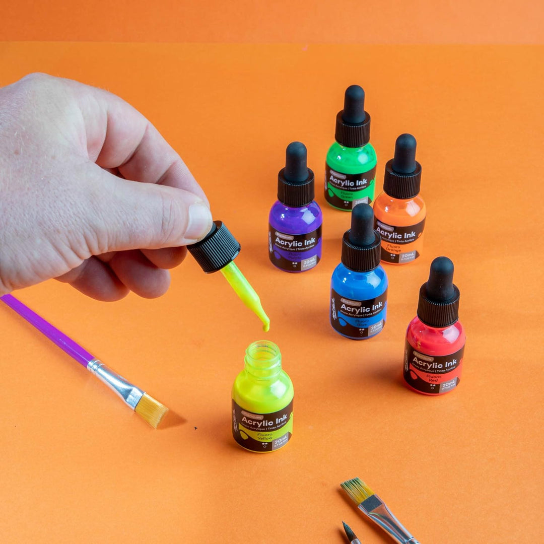 Mont Marte Acryltusche Superior, 6pc x 20ml, Fluoro-Acryl-Tinten Farben, Für feine Details und Farbw
