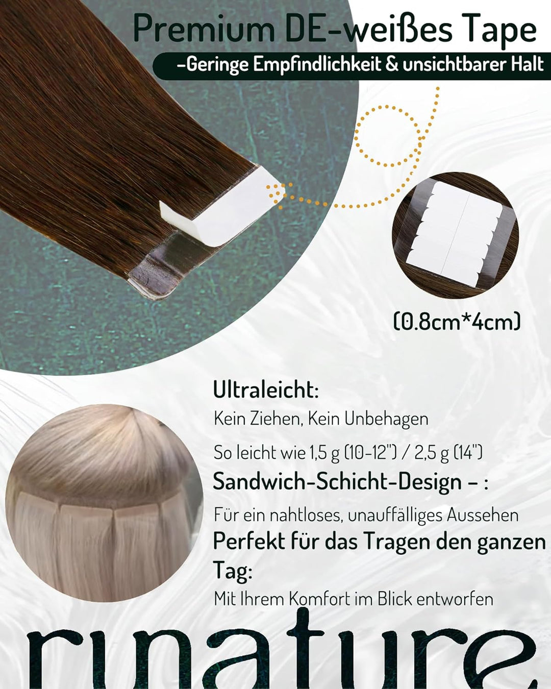 RUNATURE Tape in Extensions Echthaar Dunkelbraun Tape Echthaar Extensions 30cm Naturliches Tape in H