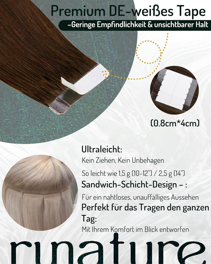 RUNATURE Tape in Extensions Echthaar Dunkelbraun Tape Echthaar Extensions 30cm Naturliches Tape in H