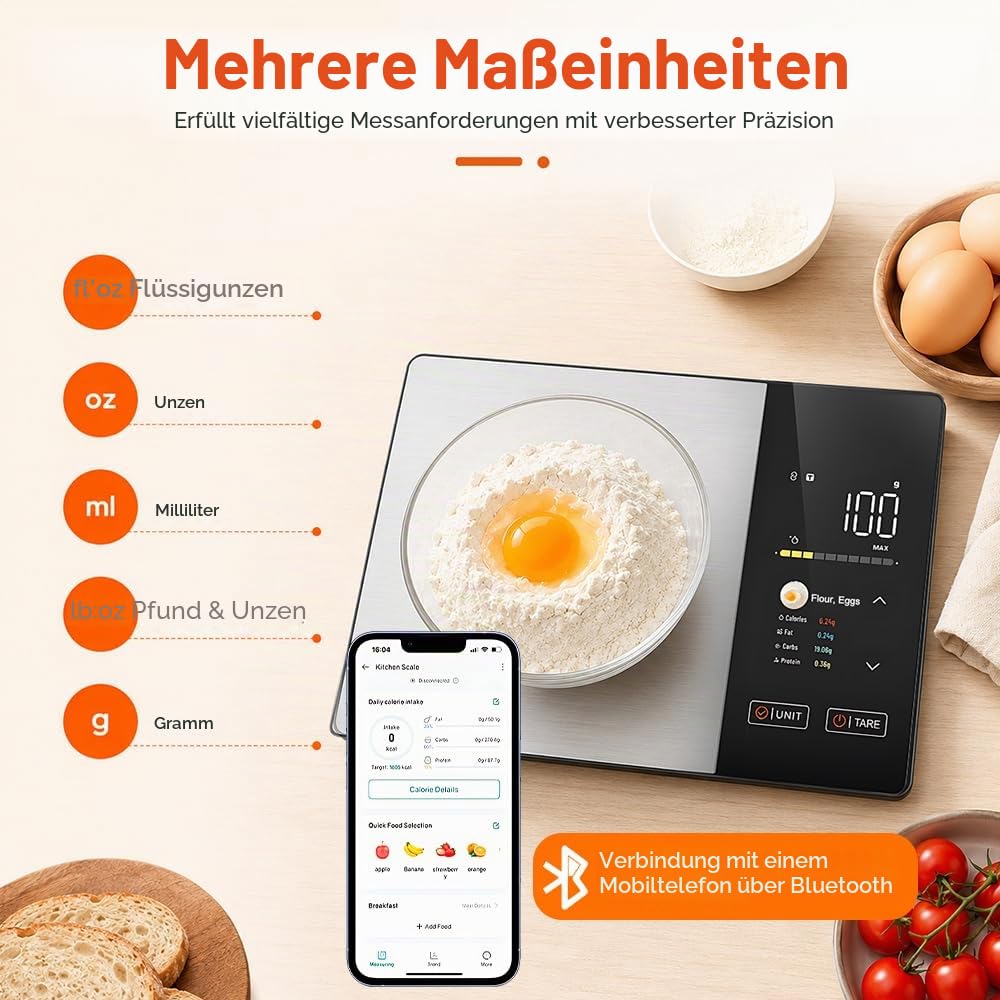 Küchenwaage Digital, SGZIOO Food Scale, Lebensmittelwaage mit TFT Farbdisplay Kalorienrechner Kosten