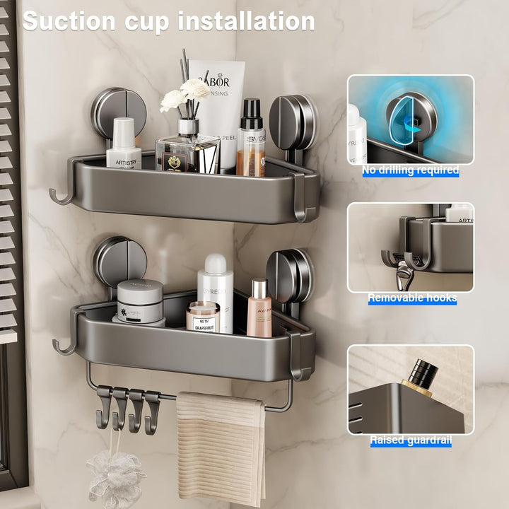 Duschablage Ohne Bohren, Duschregal Ecke Saugnapf Badezimmer Regal Wand Duschkorb mit Handtuchhalter