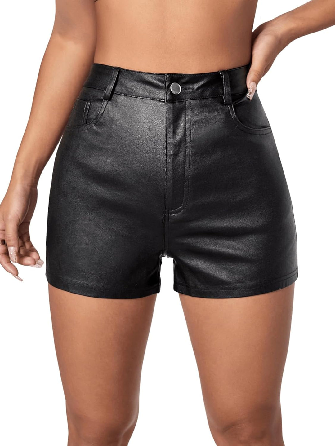 GORGLITTER Damen Stretch Shorts Kurze Hose PU Lederoptik Kunstlederhose Nachtclub Hosen mit Öse und