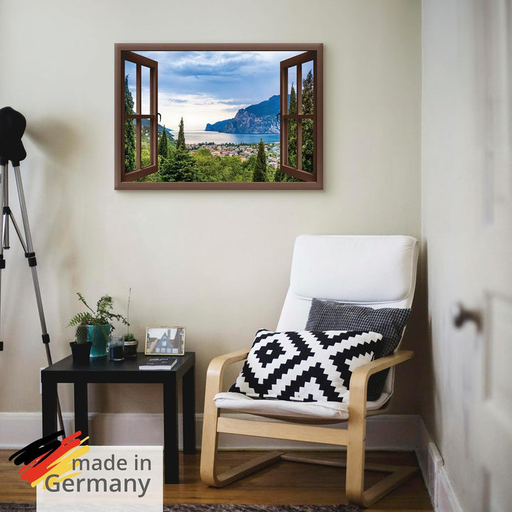 ARTland Leinwandbilder Wandbild Bild Leinwand 70x50 cm Querformat Fensterblick Gardasee Landschaft S