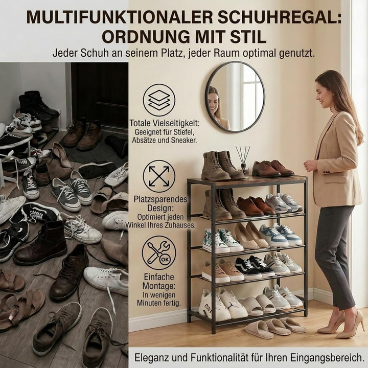 Schuhregal Schmal mit 5 Ebenen und Ablagefläche - Vertikaler Schuhschrank Schmal Platzsparelnd für F