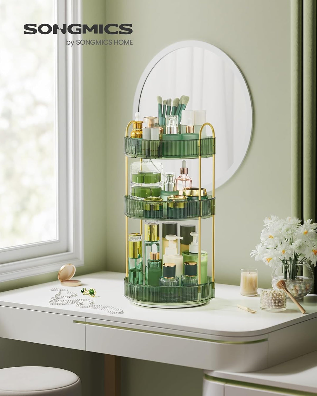 SONGMICS Make-up Organizer drehbar, Kosmetik-Organizer rund, 3 Ebenen, Kosmetik Aufbewahrung, anpass