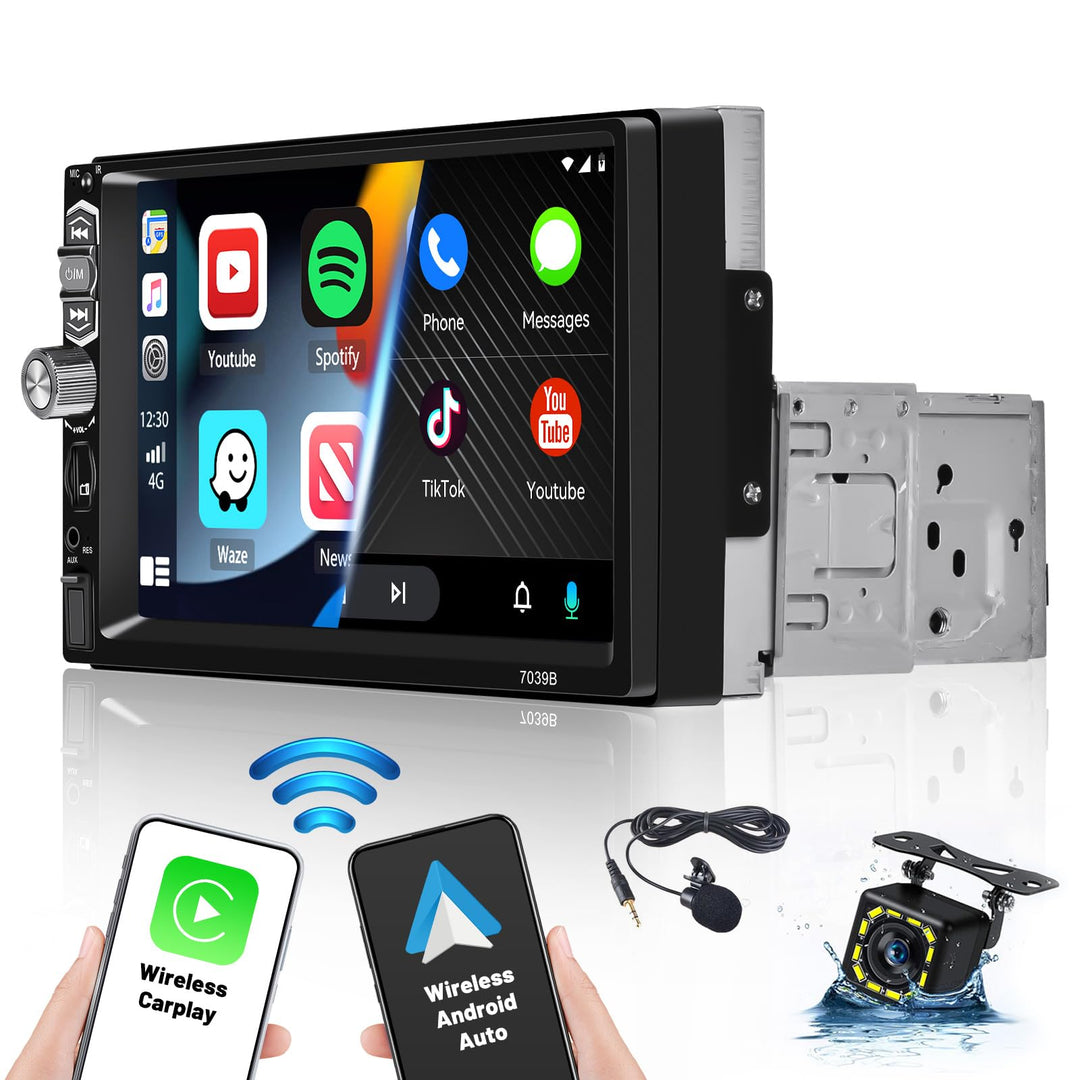 Hikity 7 Zoll Autoradio 1 Din Bluetooth mit Android Auto Wireless Carplay Auto Radio Touch Display m