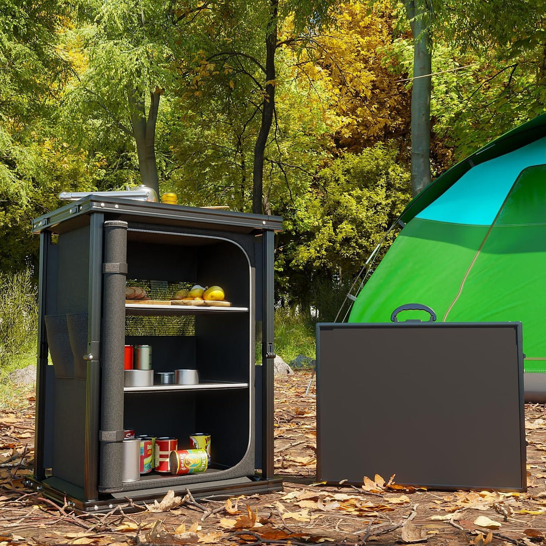 24MOVE® Campingküche faltbar, höhenverstellbarer Campingschrank Alu Reiseküche mit Arbeitsplatte und