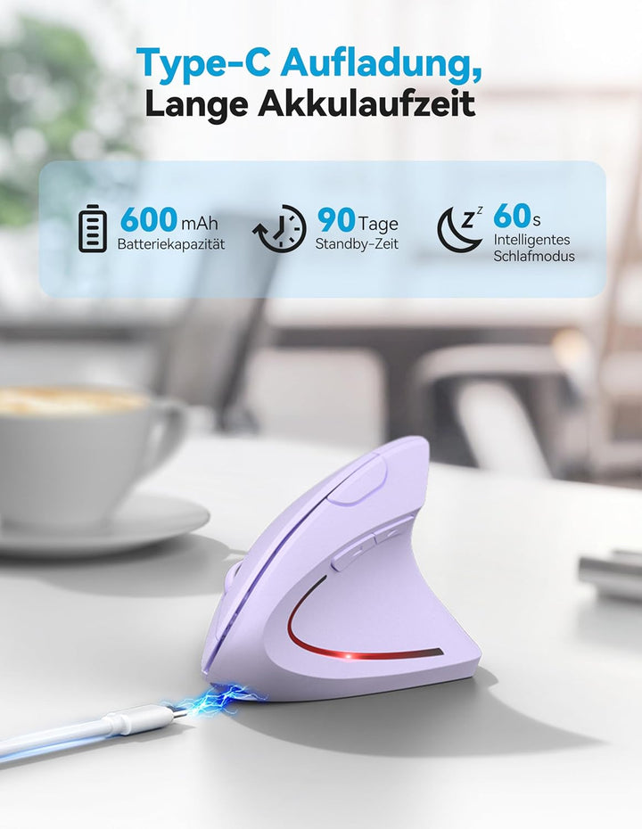 TECKNET Ergonomische Bluetooth Maus, Wiederaufladbar Kabellose Vertikale Maus (BT 5.0/3.0 + 2.4G), 6