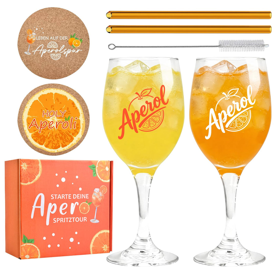Aperol Geschenkset mit 2 Gläsern (430ml), Untersetzern, Trinkhalmen, Reinigungsbürste und Geschenkbo