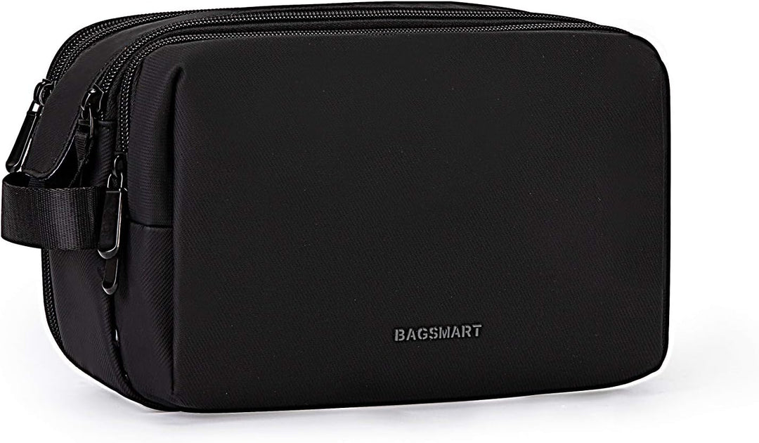 BAGSMART Kulturbeutel für Herren, Reise Kulturtasche Reisezubehör Schwarz-lederfolie M, Schwarz-lede