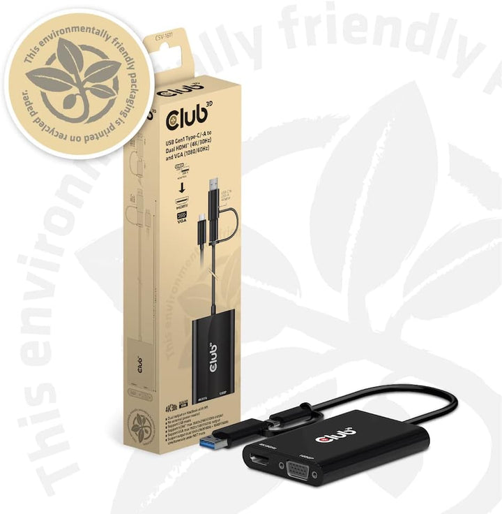 Club 3D Adapter USB Gen1 Type-C/-A auf Dual HDMI™(4K/30Hz) / VGA (1080/60Hz)