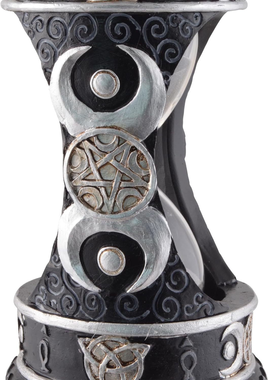 Wicca Sanduhr Silber-schwarz mit schwarzem Sand, aus Kunststein angefertigt und von Hand bemalt