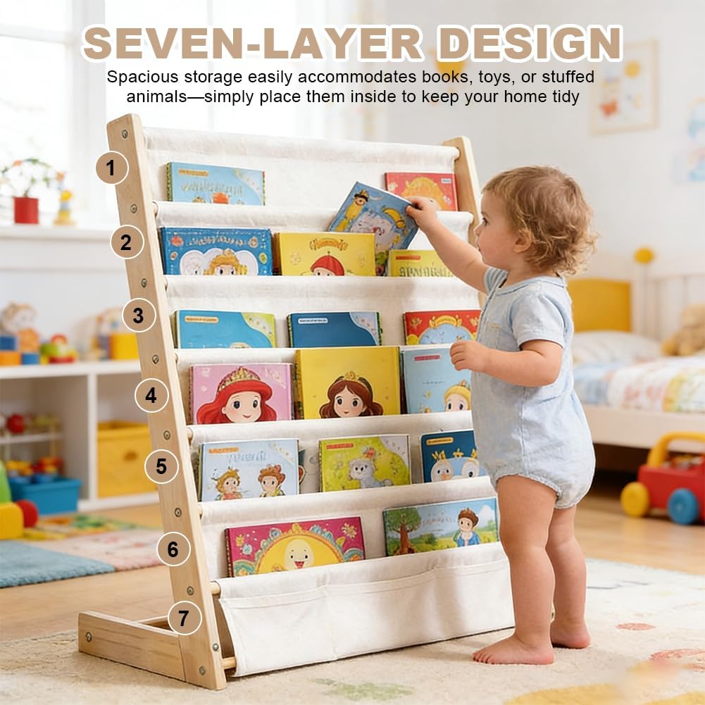 Kinder-Bücherregal 6 Ebenen, Montessori Kinderregal mit Tasche, Kinderregal für Buchaufbewahrung mit