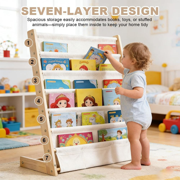 Kinder-Bücherregal 6 Ebenen, Montessori Kinderregal mit Tasche, Kinderregal für Buchaufbewahrung mit