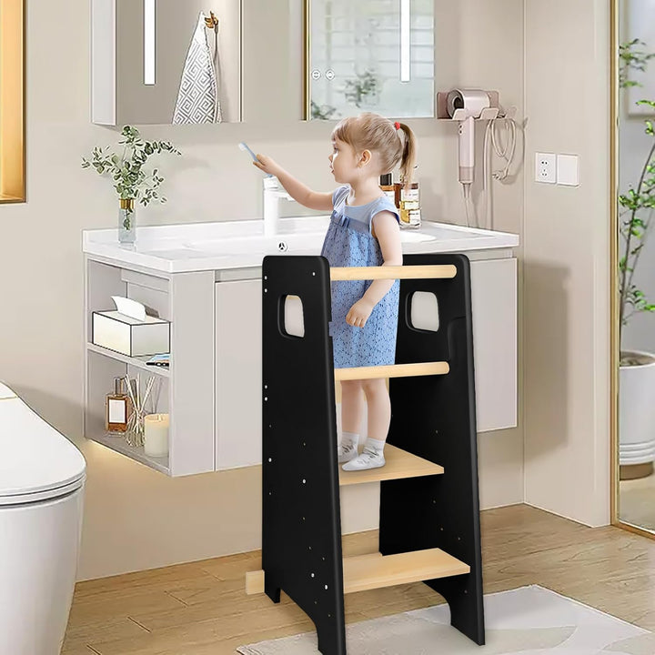 Montessori Lernturm aus Holz – Lernturm für Kinder – Rutschhemmende Füsse Montessori-Methode (Schwar