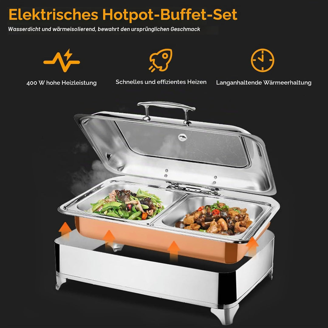 Chafing Dish Elektrisch, 9L Edelstahl Speisenwärmer Buffetwärmer mit Sichtbarem Glasdeckel, Kommerzi