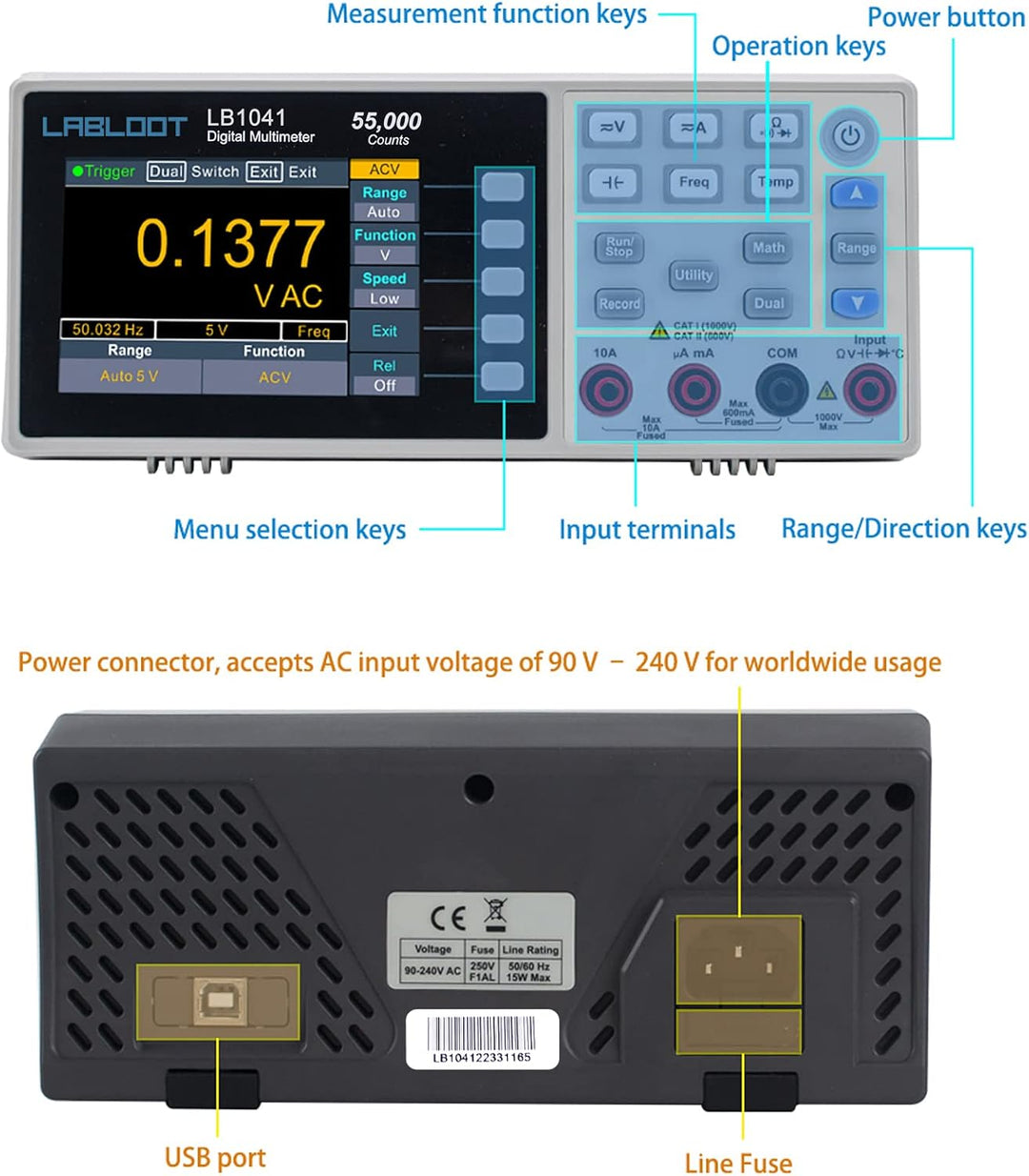 Labloot LB1041 USB Digitales Multimeter, 3,7 Zoll LCD-Bildschirm, 55000 Counts True RMS Temperatur M