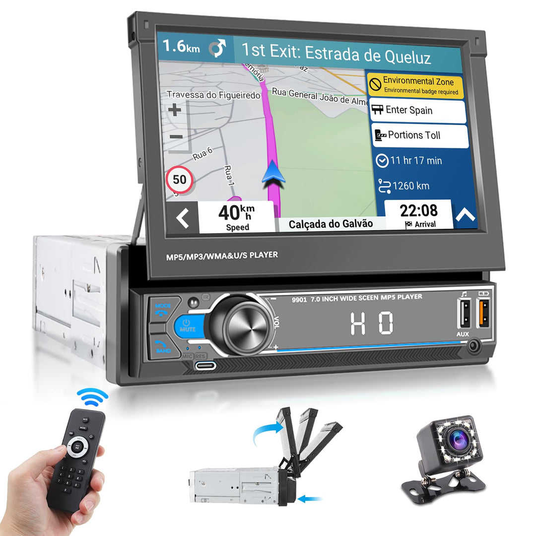 Hikity 1 Din Autoradio mit 7 Zoll Manuell Einziehbarer Touch Display Radio mit Ausfahrbarem Bildschi