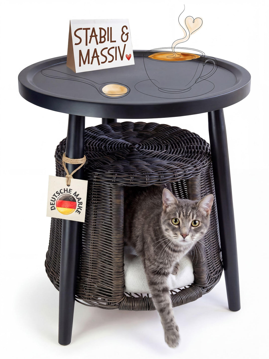 Petigi Katzentisch Beistelltisch Rattan Katzenhöhle Katzenbett Couchtisch | aus Holz und Rattan, Sch