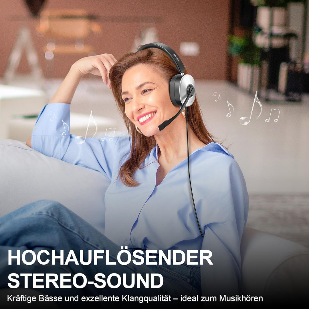 Wantek USB Headset mit Mikrofon für PC Laptop, Typ C-USB-3,5mm Jack, 3-in-1-Kopfhörer mit Geräuschun