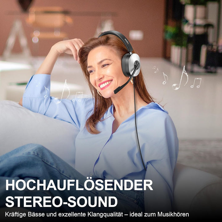 Wantek USB Headset mit Mikrofon für PC Laptop, Typ C-USB-3,5mm Jack, 3-in-1-Kopfhörer mit Geräuschun