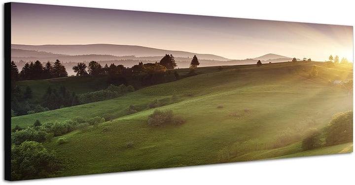 Paul Sinus Art Panoramabild auf Leinwand und Keilrahmen 150x50cm Ukraine Wiesen Berge Morgenlicht