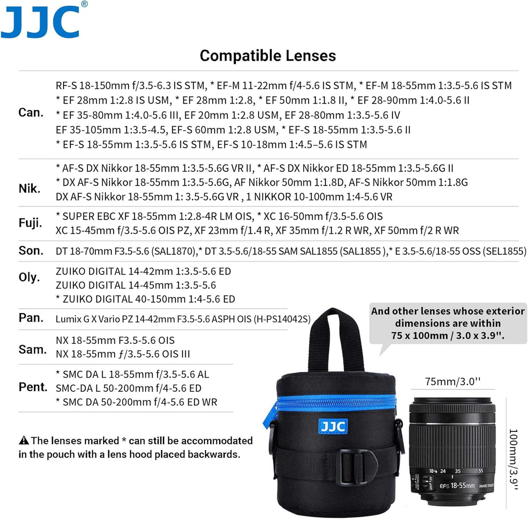 JJC Deluxe Objektiv Tasche mit 1 x Umhängeband, Wasserabweisend, Schwarz, passt Objektiv Durchmesser