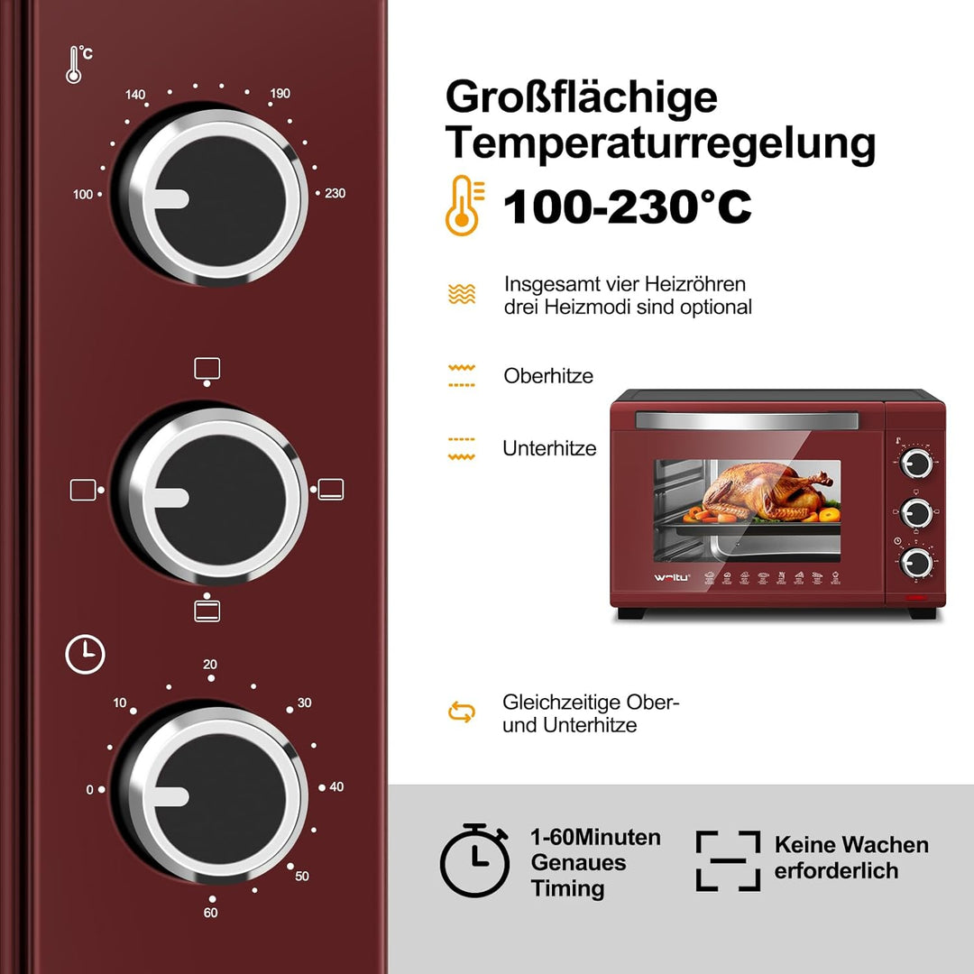 WOLTU Mini Backofen 28 L, Pizzaofen 1600 W, 100-230 °C, Timer 0-60 Min., 3 Heizmodi, inkl. Backblech