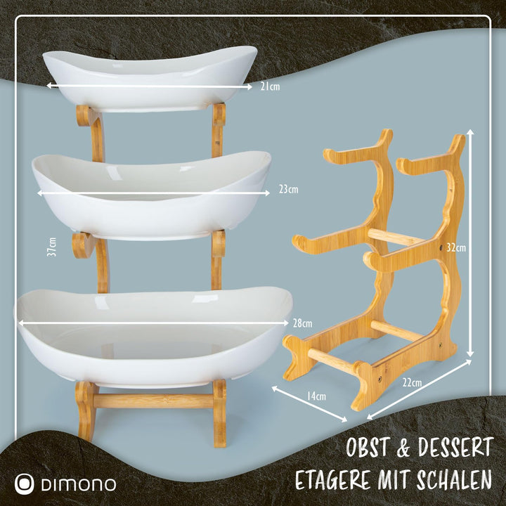 Dimono® Etagere Deluxe Servier-Ständer; 3-Etagen Keramik-Servierschalen; Obst- & Gemüseschale mit Ba