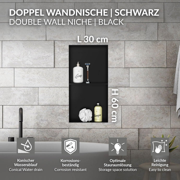 LuxeBath Wandnische Doppel aus Edelstahl, 30x60x10 cm, Schwarz, Duschnische, Randlos, Einbauregal, F