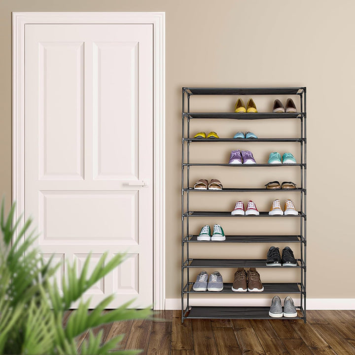 Relaxdays Schuhregal, mit 10 Ebenen, Metall Schuhablage, Stoff Ablage, Schuhgestell für den Flur, Sc