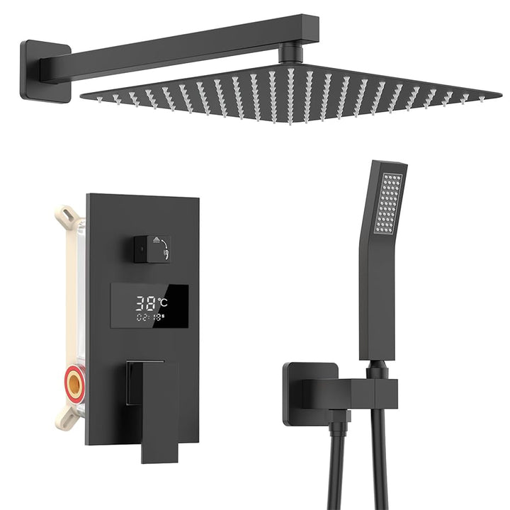 Duschsystem Schwarz Unterputz Duscharmatur Set inkl.30X30cm Kopfbrause, Duschsystem mit Temperatur L