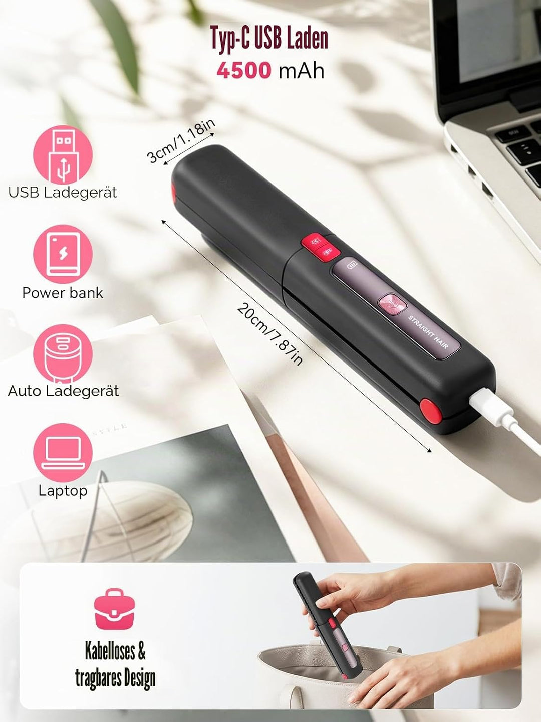 Glätteisen Kabellos mit 4500mAh Akku, 6 Stufen(160-220°C), Tragbarer Akku Haarglätter, Mini Reise Gl