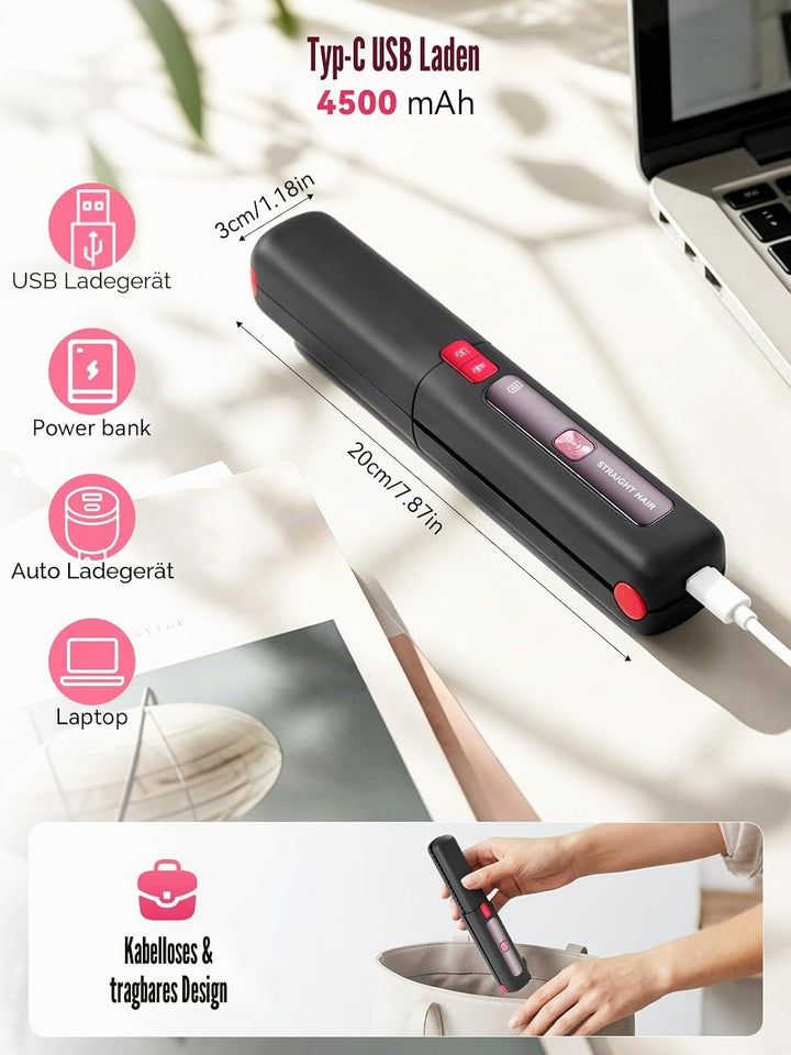 Glätteisen Kabellos mit 4500mAh Akku, 6 Stufen(160-220°C), Tragbarer Akku Haarglätter, Mini Reise Gl