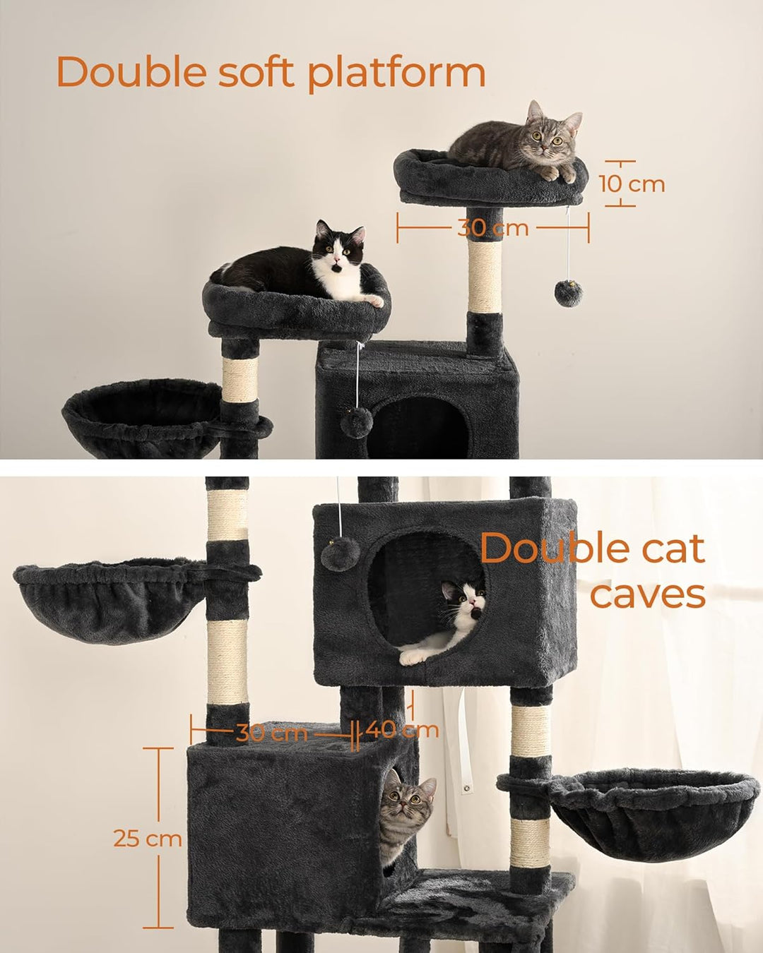 FourFurPets Kratzbaum 160 cm hoch, Aktivitätsbaum für Katzen, mit 2 Plattformen, 2 Höhlen, 2 Korb, H