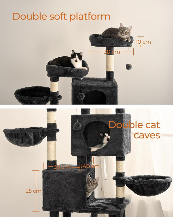 FourFurPets Kratzbaum 160 cm hoch, Aktivitätsbaum für Katzen, mit 2 Plattformen, 2 Höhlen, 2 Korb, H