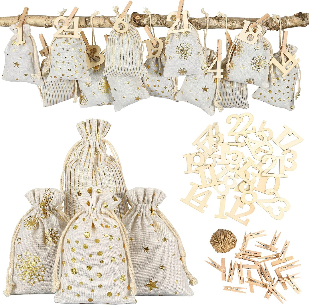 Papierdrachen 24 Adventskalender Stoffsäckchen zum Befüllen - mit XXL Holzzahlen von 1-24 - Geschenk