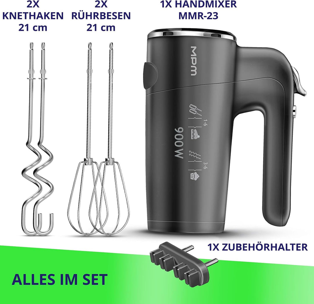 MPM Handmixer mit 2 Rührbesen und 2 Knethaken - 6 Geschwindigkeiten mit Turbotaste - 900 W - Anthraz