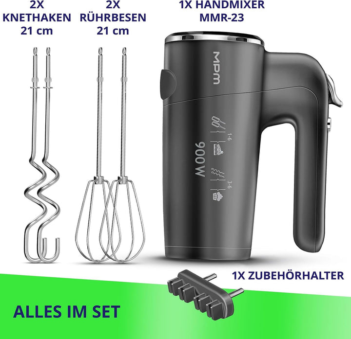 MPM Handmixer mit 2 Rührbesen und 2 Knethaken - 6 Geschwindigkeiten mit Turbotaste - 900 W - Anthraz