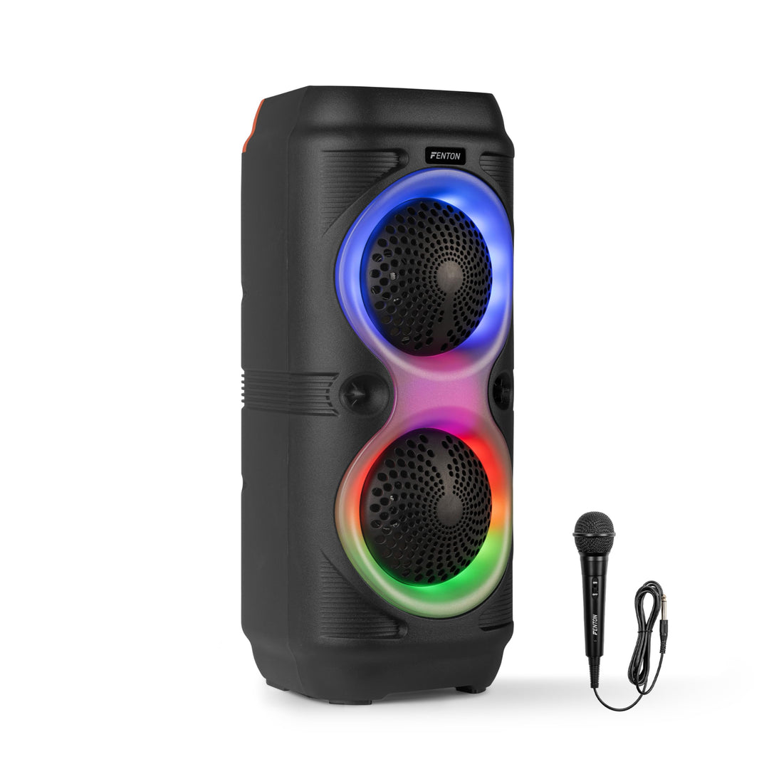 Fenton Track210 Bluetooth Lautsprecher – Party Musikbox 100 Watt mit LED Lichtshow, Akku 8 h, USB/mi