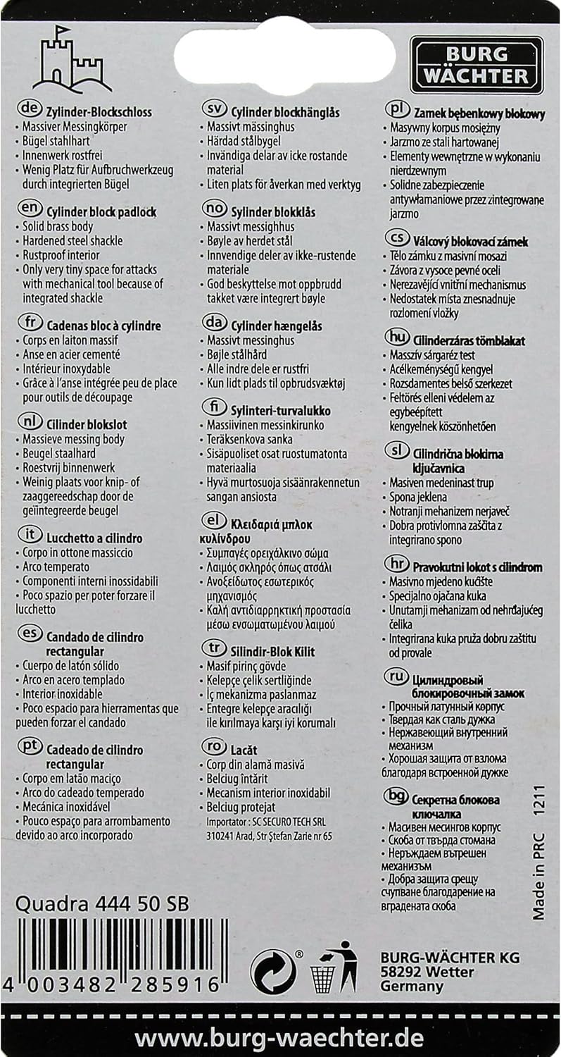Burg-Wächter Vorhängeschloss, 7 mm Bügelstärke, Kneifschutz, 2 Schlüssel, Quadra 444 50 SB