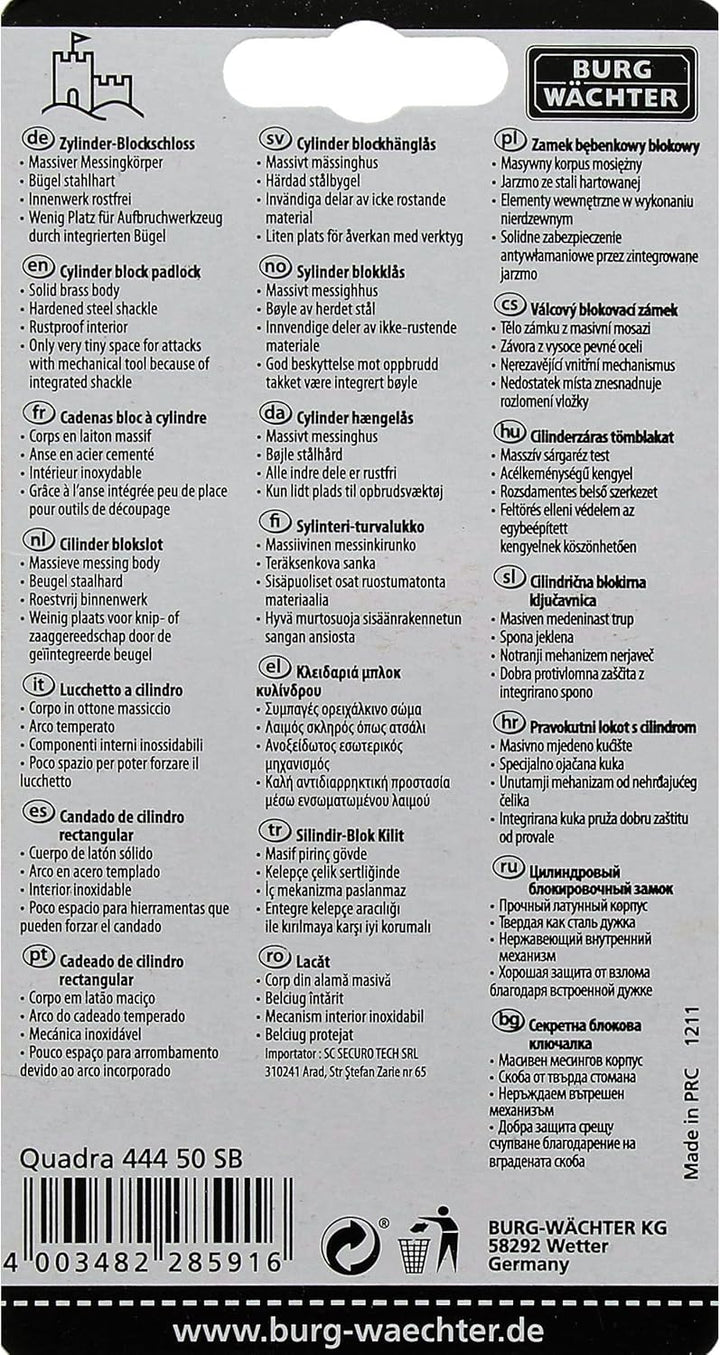 Burg-Wächter Vorhängeschloss, 7 mm Bügelstärke, Kneifschutz, 2 Schlüssel, Quadra 444 50 SB