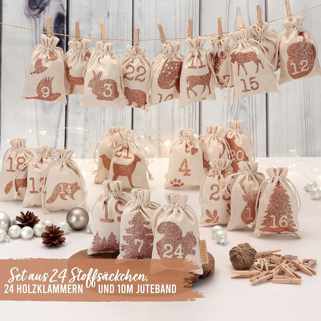 Papierdrachen 24 Adventskalender Stoffsäckchen zum Befüllen - mit Glitzerdruck - Stoffbeutel zum sel