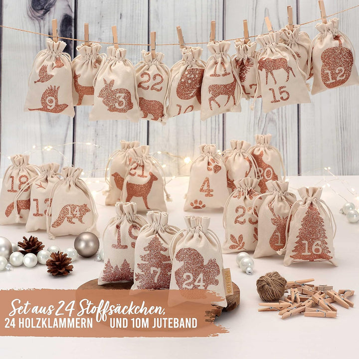 Papierdrachen 24 Adventskalender Stoffsäckchen zum Befüllen - mit Glitzerdruck - Stoffbeutel zum sel
